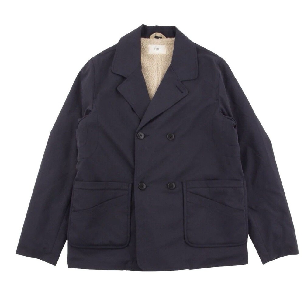 Folk Men’s Jacket Pea Coat Sherpa Lined Sz Large (4) Navy Button Front Casual